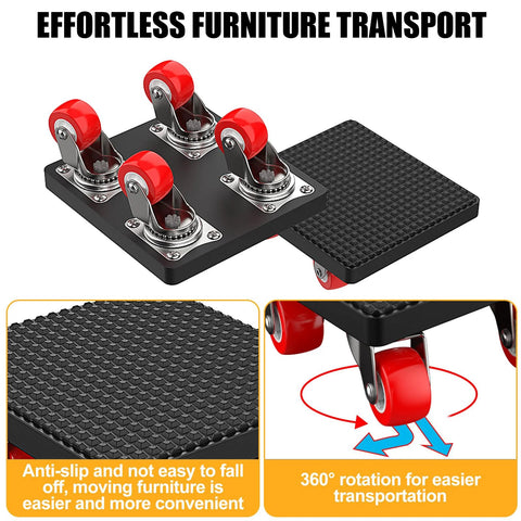 Heavy Duty Furniture Movers Dolly With Anti Slip Deck And 360 Degree Swivel Wheels For Safe Effortless Moving Of Appliances Sofas Mattresses And Other Heavy Objects Up To 1100 Lbs Includes Durable Furniture Lifter And Sliding Sliders Kit, showing 360° swivel red wheels and anti-slip deck
