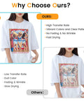 Woman wearing shirt with design showing sublimation paper transfer quality comparison, highlighting high transfer rate and vivid colors.