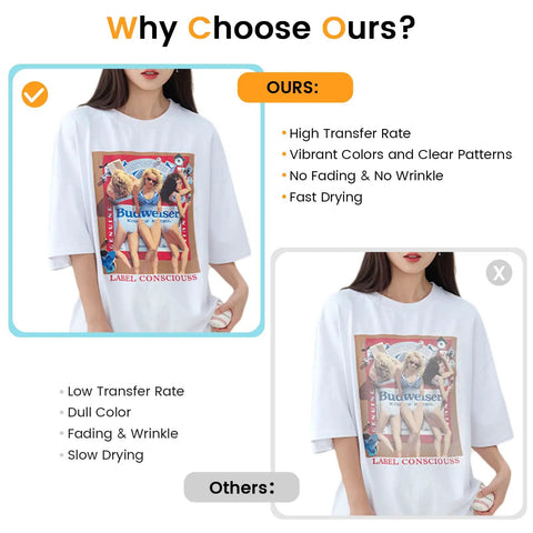 Woman wearing shirt with design showing sublimation paper transfer quality comparison, highlighting high transfer rate and vivid colors.