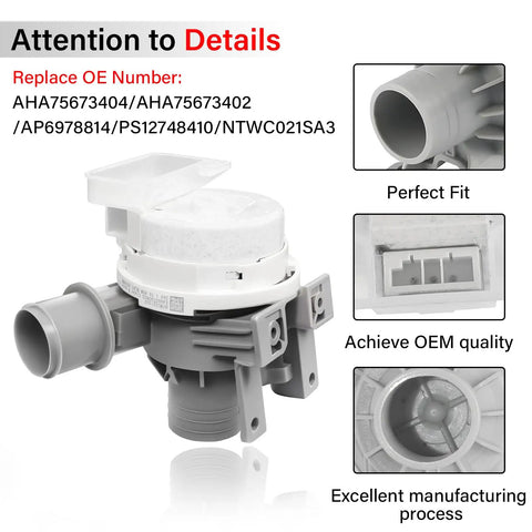Upgraded AHA75673404 Washer Drain Pump Assembly for LG Washing Machine Replacement, Drop In Fit for WT7800CV WT7100CW WT7060CW WT7300CV WT7800CW WT7900HBA WT7150CW, Beefed Up Durable High Performance Pump gray plastic