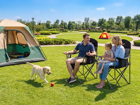 Family sitting on Heavy Duty Camping Chairs Two Pack With Fully Padded Seats Cooler Bag And Cup Holder 350 Lb Capacity Portable Folding Chairs For Outdoor Use Beach Fishing Hiking Travel Picnic Backyard on grass near tents