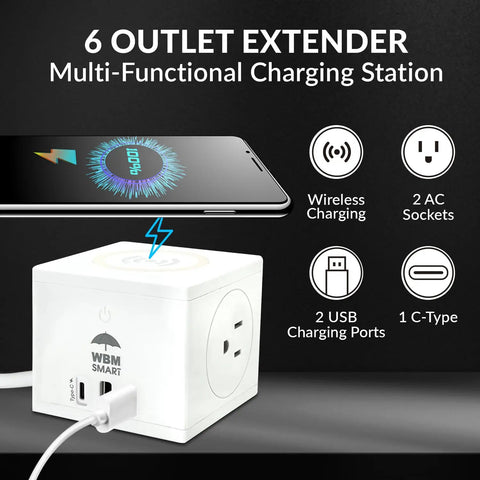 Smart Wall Mount 3 In 1 Power Strip With Wireless Charging Pad Offers Hella Reliable Surge Protection And Two AC Outlets Plus USB Type C Ports For Fast Daily Juice Up with phone on wireless pad.