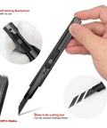Hand holding a cutter knife from Wallpaper Smoothing Tool Kit With 10 Inch Smoothing Brush, Squeegee And Seam Roller For Peel And Stick Wallpaper.