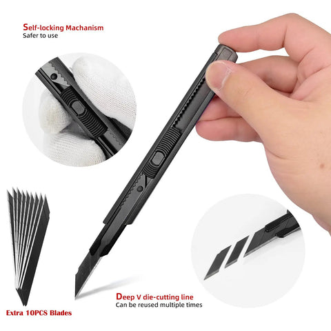 Hand holding a cutter knife from Wallpaper Smoothing Tool Kit With 10 Inch Smoothing Brush, Squeegee And Seam Roller For Peel And Stick Wallpaper.