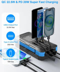 All-In-One Solar Power Bank 49800mAh with 4 Built-In Cables charging three smartphones simultaneously.