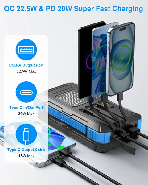 All-In-One Solar Power Bank 49800mAh with 4 Built-In Cables charging three smartphones simultaneously.