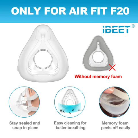 Replacement Cushion For F20 Medium Full Face Mask Snug Leak Proof Fit That Seals Comfortably All Night Helps Dry Mouth And Brain Fog No Memory Foam Durable Comfort Shield US Patent Protected shown with features and benefits.