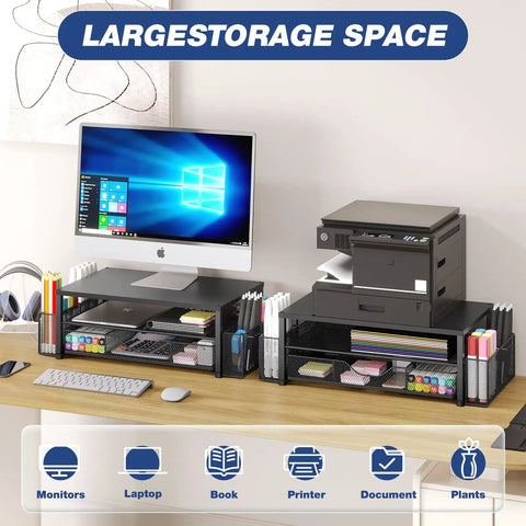 Desk Organizer and Monitor Stand With Drawer and Two Pen Holders for Laptop Setup, Ergonomic Two Tier Riser Elevates Screen for Comfortable Viewing, Space Saving Office Desk Accessory for Clean Clutter Free Boss Level Home Office, Black on desk with office equipment.
