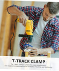 Man using a woodworking T track hold down clamp with quick act pressure plate for jigs and fixtures DIY woodshop ready carpenter board