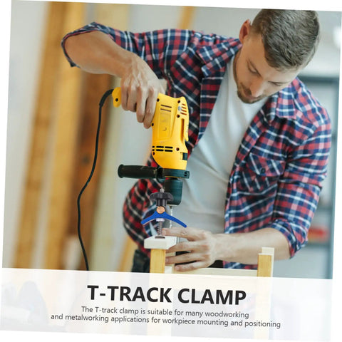 Man using a woodworking T track hold down clamp with quick act pressure plate for jigs and fixtures DIY woodshop ready carpenter board