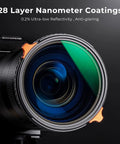 Close-up of 77mm ND4 to ND64 Variable ND and CPL 2 In 1 Lens Filter with 28 Layer Nanometer Coatings on camera lens.