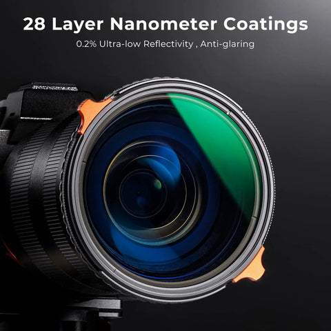 Close-up of 77mm ND4 to ND64 Variable ND and CPL 2 In 1 Lens Filter with 28 Layer Nanometer Coatings on camera lens.