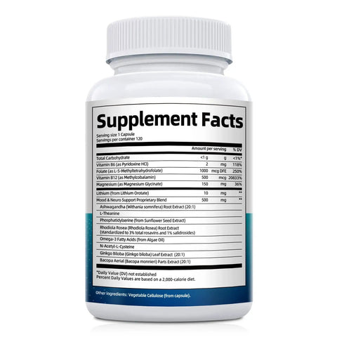 Back view of 7 In 1 Brain Boost Stack With Magnesium Glycinate And Lithium Orotate 10 Mg Ashwagandha NAC And Omega 3 For Mood Boost Focus Memory Support Non GMO Vegan Capsules bottle showing supplement facts.