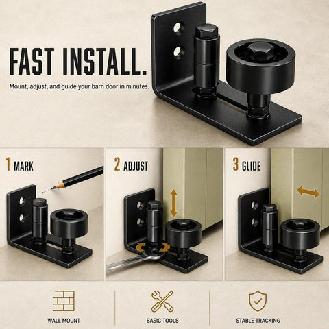 Rugged Barn Door Floor Guide With Fully Adjustable Sliding Track And Wall Mount Stabilizer For Slick Gliding Doors, installation steps showing adjustable black roller.