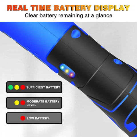 Real-time battery display on Cordless 12V 3/8 Inch Ratchet Wrench Kit With Dual 1500mAh Batteries, LED Work Light, 7 Sockets And Charger.