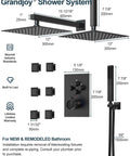 GRANDJOY Dual 12" Shower System with Handheld Spray, Matte Black, showcasing dimensions and features of the upgradeable system.