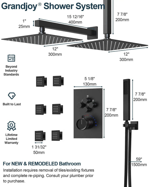 GRANDJOY Dual 12" Shower System with Handheld Spray, Matte Black, showcasing dimensions and features of the upgradeable system.