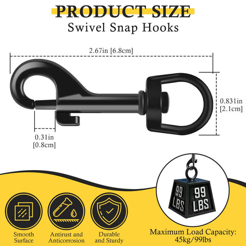 Top Tier Badass Rugged Zinc Alloy Swivel Trigger Snaps 2.67 Inch showing size dimensions and load capacity details.