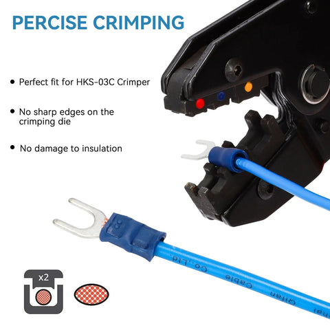 200 Pcs Blue Insulated Fork Spade Wire Connectors For 16-14 AWG U Shaped Crimp Terminals M5 Stud Size 1.5-2.5 MM2 Tinned Red Copper PVC Sleeving Flame Retardant Ideal Auto And DIY Electrical Splicing Kit used with crimper