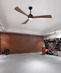 Neojoyoenix 62" 3PCS Solid Wood Blades Ceiling Fan with Lights Remote Control, in black, mounted in a garage setting with tools.