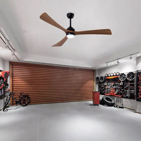 Neojoyoenix 62" 3PCS Solid Wood Blades Ceiling Fan with Lights Remote Control, in black, mounted in a garage setting with tools.