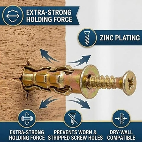 Heavy Duty Wall Repair Screws Kit, 20-Piece High Strength Metal Expansion Anchors For Kitchen Cabinet Doors, Fix Loose Hinges And Enlarged Holes, Prevent Sagging And Misalignment, Durable Fasteners For Secure Mounts, zinc-plated anchor in drywall