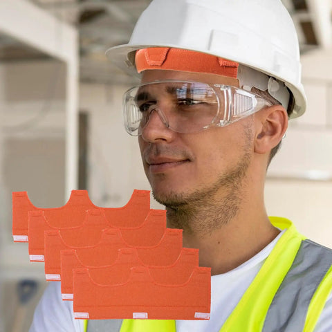 Worker wearing helmet with 5 Pack Hard Hat Liner Sweat Bands Washable Flame Retardant Cotton Welding Helmet Sweat Bands.