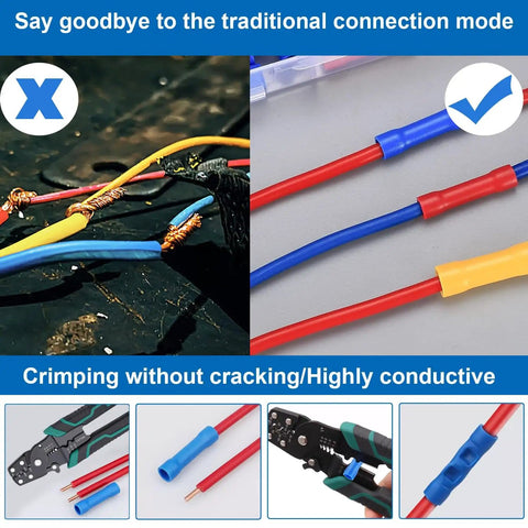 210 Piece Butt Splice Connectors Kit For 22 10 AWG Wiring shown with comparison of traditional vs crimp connections