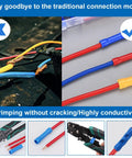 Comparison of traditional and insulated connections in 210 Piece Wire Butt Connector Set With Crimping Tool 22-10AWG.