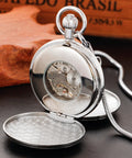 Open view of Silver Shield Mechanical Pocket Watch For Men With Double Cover Roman Numeral Dial Chain Included Vintage Dress Timepiece