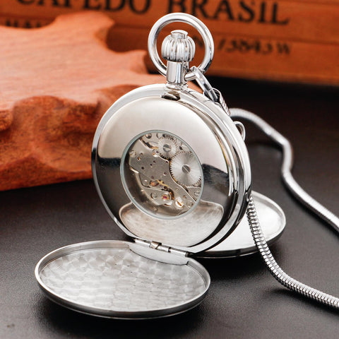 Open view of Silver Shield Mechanical Pocket Watch For Men With Double Cover Roman Numeral Dial Chain Included Vintage Dress Timepiece