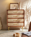 Wooden dresser with golden handles, light decorative items and sunlight streaming, featuring woven texture and 3 inch solid brass cabinet pulls.