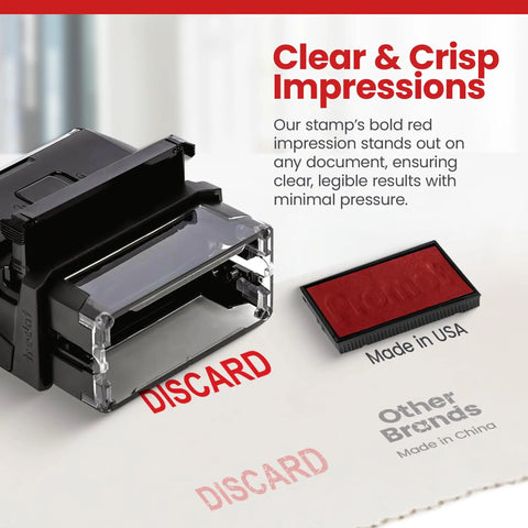 Self Inking Rubber Stamp For Quick Clean Impressions 9/16 By 1-1/2 Inch Imprint Area Refillable Ink showing "DISCARD" impression