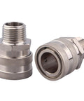 Two stainless steel quick-disconnect fittings, front and side views, with 1/2-inch male pipe thread and knurled bodies.