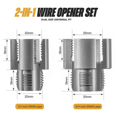 Dual Function Pipe Threading Tool With Integrated Internal And External Threads For PVC And PPR Pipes, Drill Powered Pipe Threader Kit, Rethreading Tool For One Half Inch And Three Quarter Inch Pipes, DIY Friendly Leak Proof Connections showing dimensions for 1/2 inch and 3/4 inch pipes.