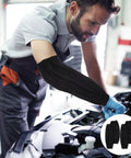 Black Waterproof Arm Sleeves Two Pack Heavy Duty Grease Shield For Mechanics And Construction Crews Slick Proof Work Cover With Snug Stretchy Fit Easy Rinse Job Ready Protection worn by a mechanic working on a car engine.