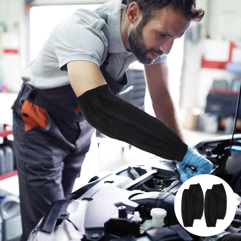 Real Deal Heavy Duty 2 Pair Reusable PU Arm Sleeves Waterproof And Oilproof Oversleeves on mechanic working on a car.