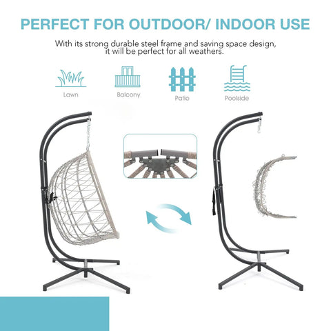 Two Person Egg Swing Chair With Stand For Indoor And Outdoor Patio Wicker Rattan Hanging Chair Light Blue with foldable stand