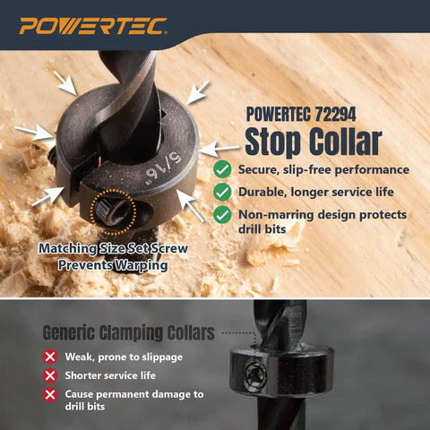 Must Have 7 Piece Drill Bit Depth Stop Collar Set With Hex Keys showing secure three-screw design and markings.