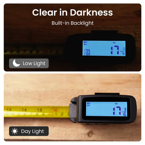 Super Handy 16 Ft Digital Tape Measure with 6 Metric and Imperial Units showing clear display in low and daylight settings