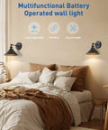 Black Vintage Wireless Battery Operated Wall Sconces Set Of Two Cordless Led Industrial Light Fixtures With Remote Control on bedroom wall.