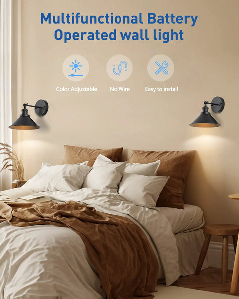 Black Vintage Wireless Battery Operated Wall Sconces Set Of Two Cordless Led Industrial Light Fixtures With Remote Control on bedroom wall.