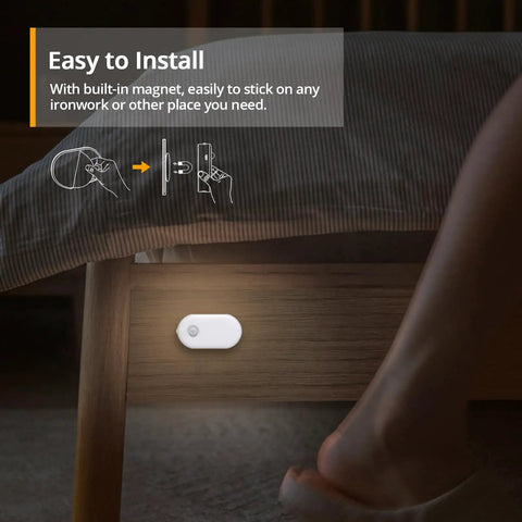 Rechargeable Motion Sensor Night Light With Dusk To Dawn Sensor Stick On No Fuss Cool White LED installed under bed frame