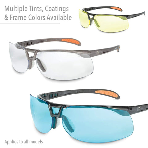 Crazy Light Safety Glasses With Floating Lens Metallic Black Frame And Gray Lens Uvextreme Anti Fog Coating shown in multiple tints