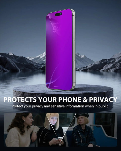 iPhone 17 Pro Max Privacy Screen Protector 6.9 Inch Purple Gradient Anti Spy Glass Shield shown installed with privacy angles.
