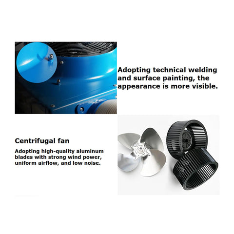 Built Tough Industrial Evaporative Air Conditioner With Extendable Cooling Ducts 220 Volt 910 Cubic Meters Per Hour Airflow close-up of blue casing and centrifugal fan.