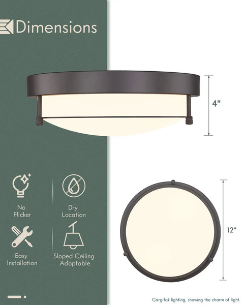 12 Inch Flush Mount Ceiling Light, 2 Light Close-To-Ceiling Fixture In Oil Rubbed Bronze Finish With Frosted Glass, side and front view