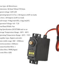 MG995 Micro Servo Motor With 180 Degree Metal Gear High Torque, Digital Standard Servo For RC Gearheads, 12kgcm Stall Torque At 6V And 13kgcm At 7.2V, Fast Positioning And Precise Control For Robots And Projects. Black MG995 digital servo with wiring and specs