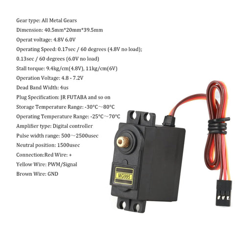 MG995 Micro Servo Motor With 180 Degree Metal Gear High Torque, Digital Standard Servo For RC Gearheads, 12kgcm Stall Torque At 6V And 13kgcm At 7.2V, Fast Positioning And Precise Control For Robots And Projects. Black MG995 digital servo with wiring and specs