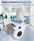 Workhorse 3 Tier Medical Cart On Wheels With 330 Lbs Max Load, close-up of swivel wheel with 360-degree rotation in hospital.